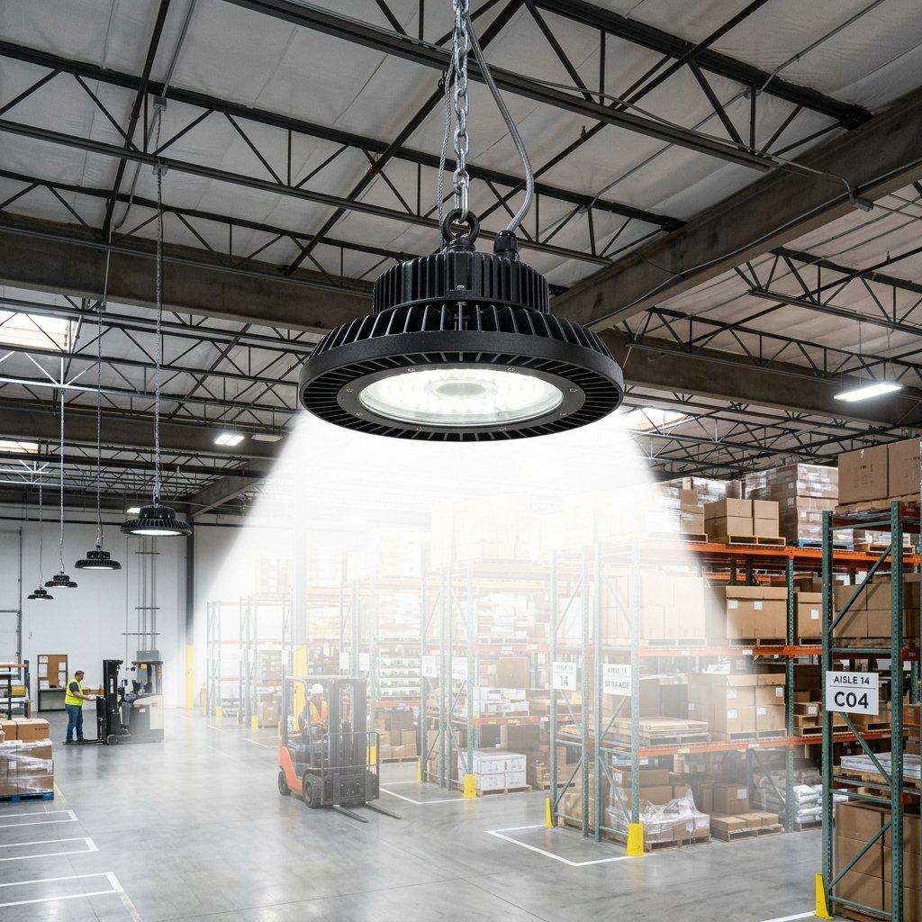 Sinewave LED high bay lighting a warehouse aisle